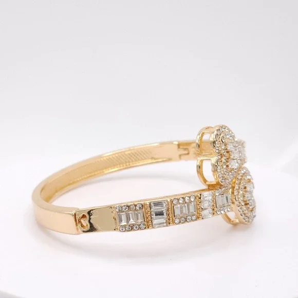 Gold Plated Double Heart Hinged Cuff Bracelet Women's CZ Bangle Romantic Jewelry - Picture 14 of 17
